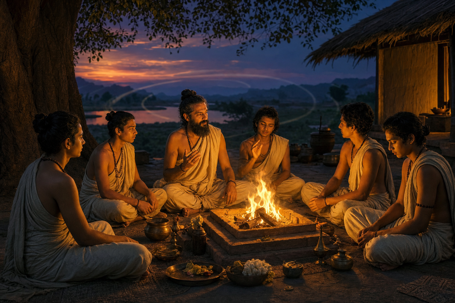 A rishi and five students study around a fire through listening, rhythm, ritual observation, shared transmission, and silent reflection.