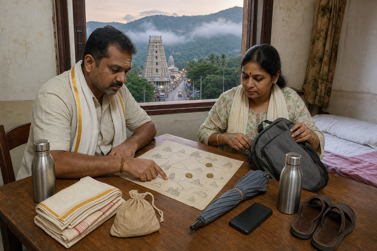 Two pilgrims organize water, shawls, an umbrella, footwear, and offerings while reviewing a pictorial route sketch near Tirupati.