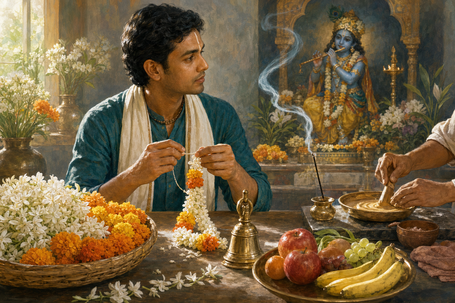 A seated practitioner prays, watches an oil lamp, and prepares flowers and fruit in a home shrine while distractions remain unused nearby.