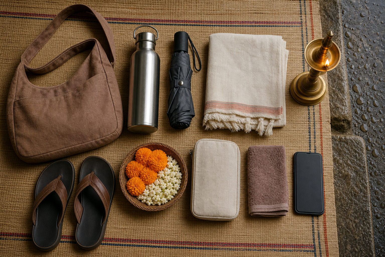A temple-visit bag is arranged with water, an umbrella, a shawl, sandals, flowers, medicine, a towel, and a phone beside a brass lamp.