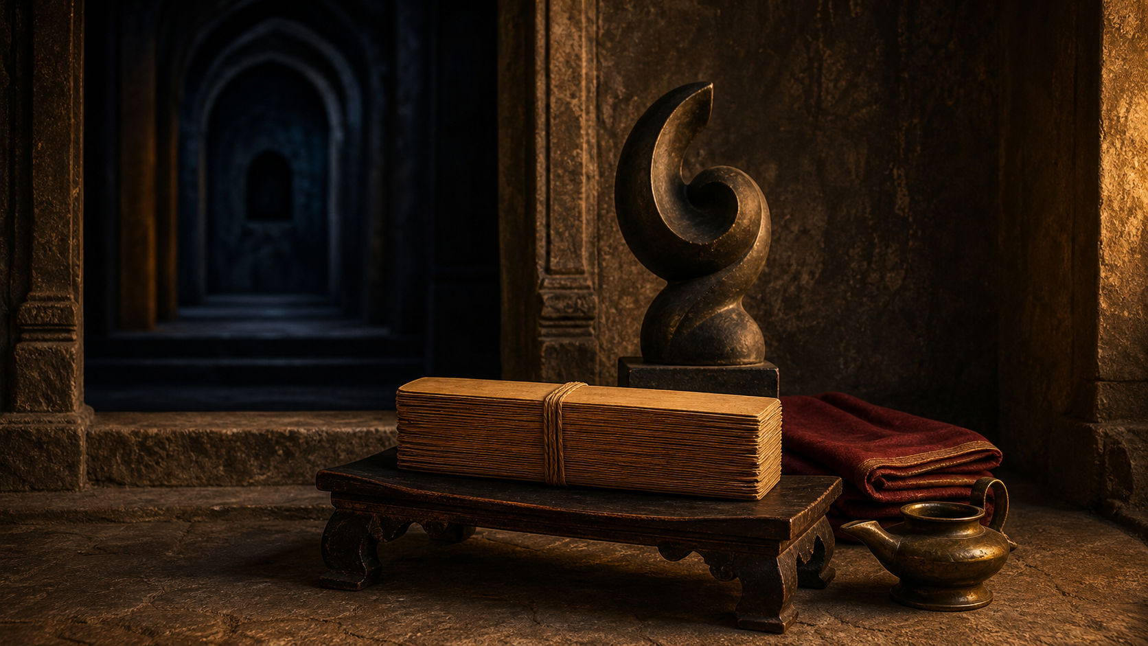 An unopened palm-leaf manuscript bundle, folded red cloth, bronze lamp, and compact spiral sculpture arranged before a shadowed stone threshold.