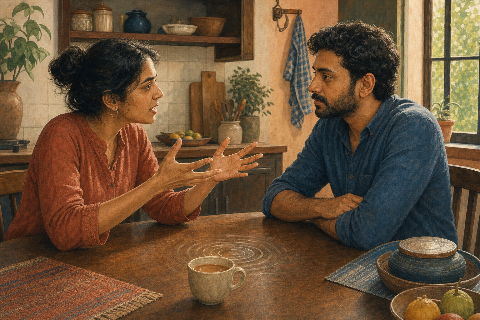 Two adults have an intense conversation at a kitchen table while one listens calmly beside a cup of tea with ripples on its surface.