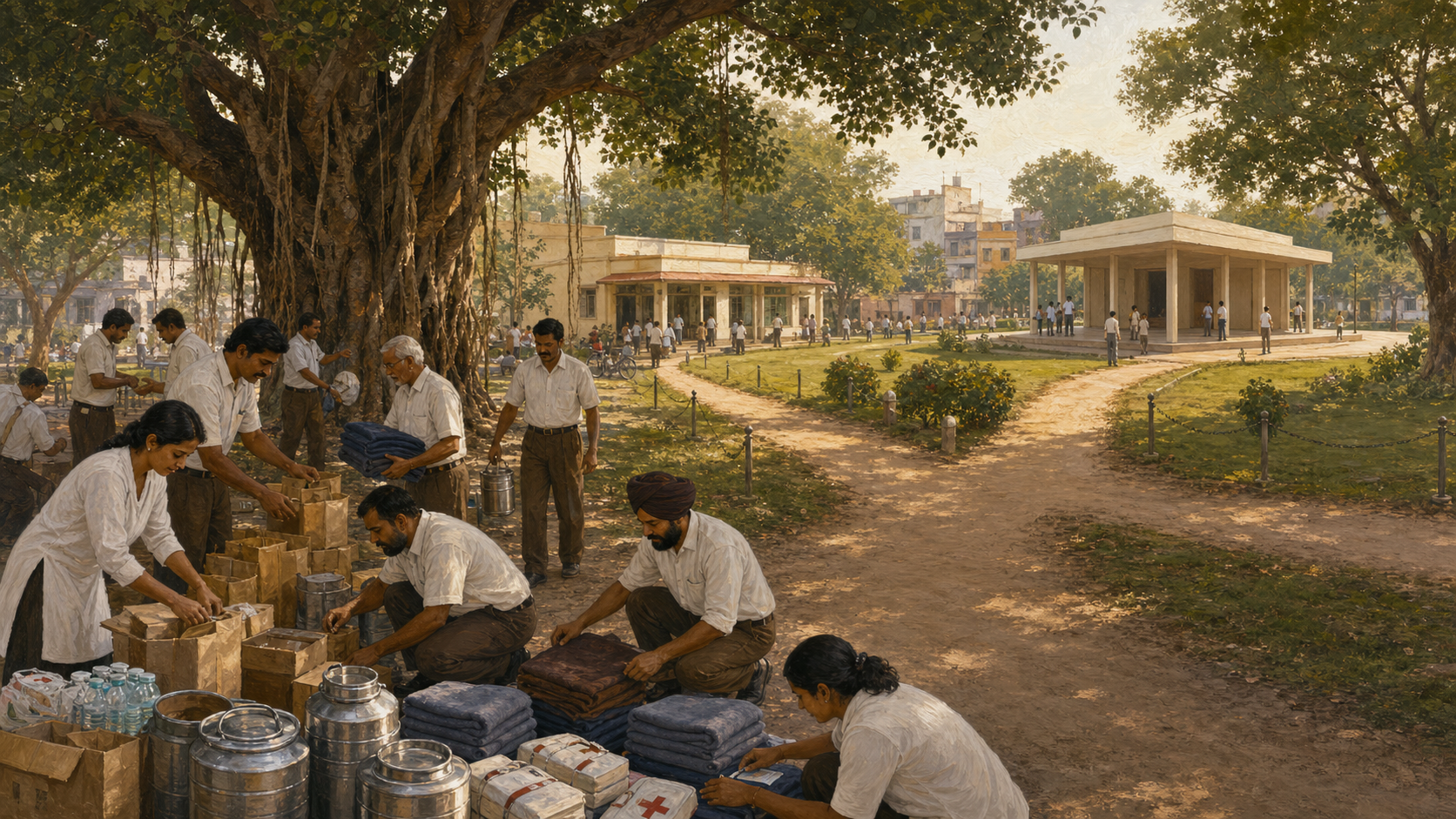 Indian community volunteers organize relief supplies beneath a banyan tree while separate paths extend toward a service center and a distant polling pavilion.