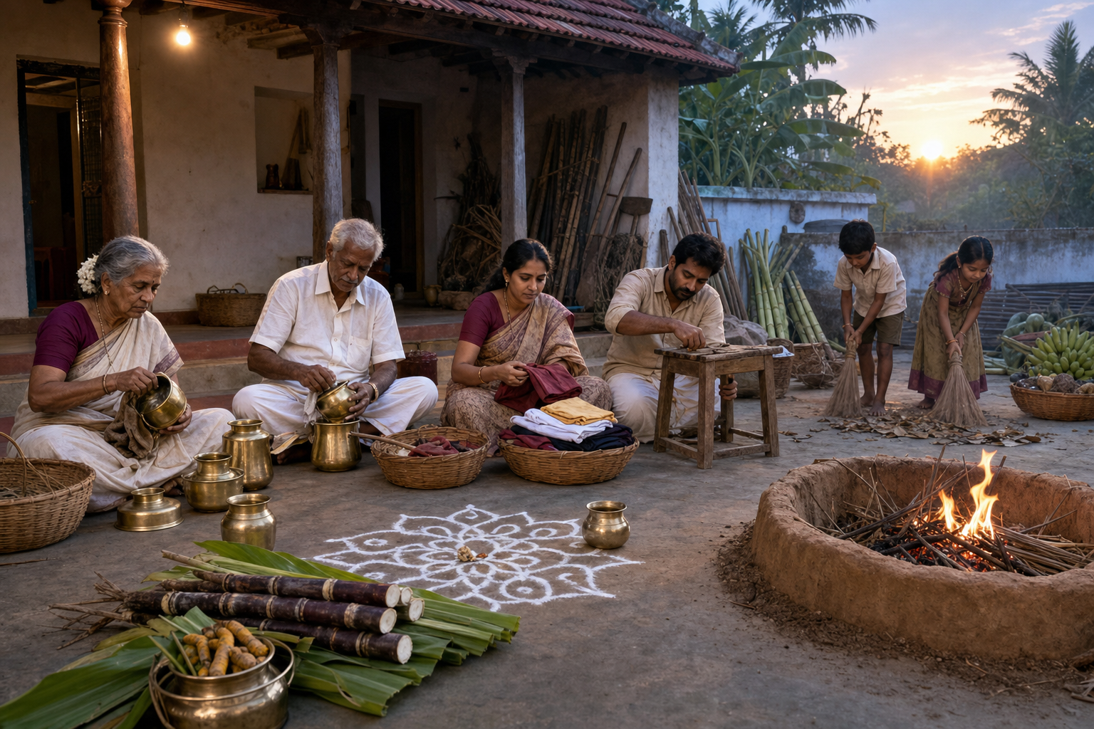 A multigenerational South Indian family cleans a Bhogi courtyard, sorts household items, blesses children, and gathers near a small fire of dry plant material.