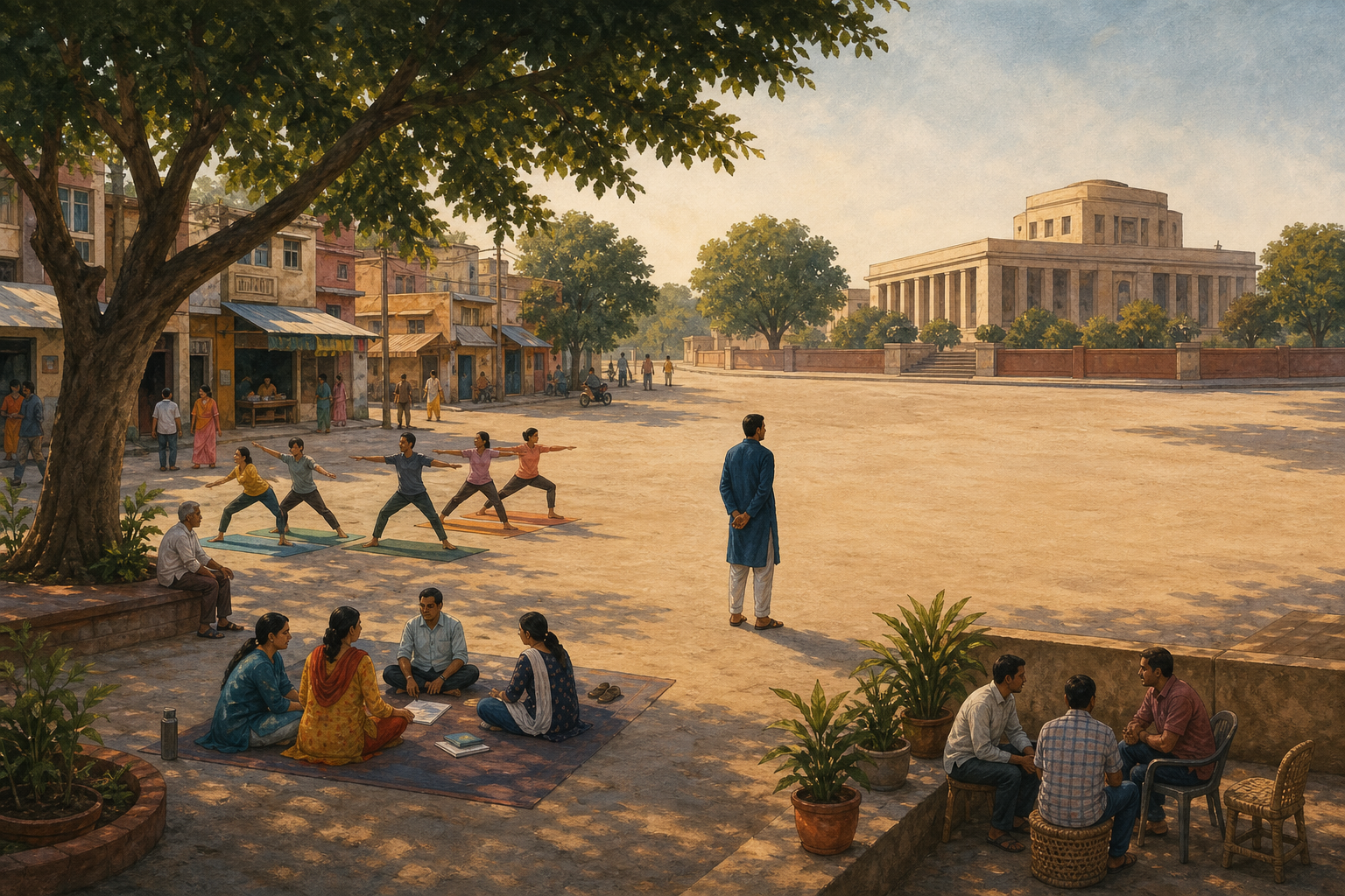 Three separated scenes show a cultural association meeting, an individual voting privately, and public activity outside a legislature.