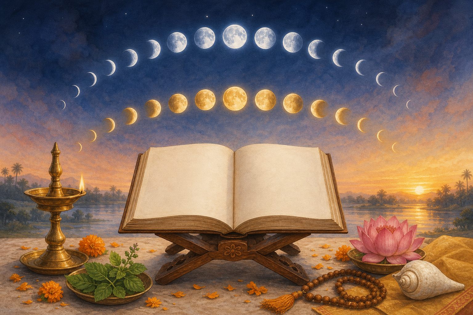 An open traditional almanac beneath two arcs of lunar phases, surrounded by an oil lamp, tulsi leaves, marigold petals, prayer beads, a lotus, and a conch.