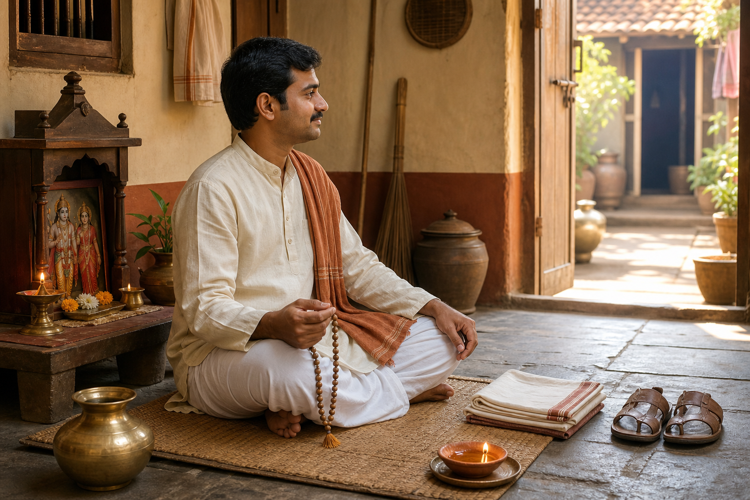 A devotee practices with prayer beads beside a small household Rama shrine, while work clothes, sandals, and a water vessel wait near the doorway.