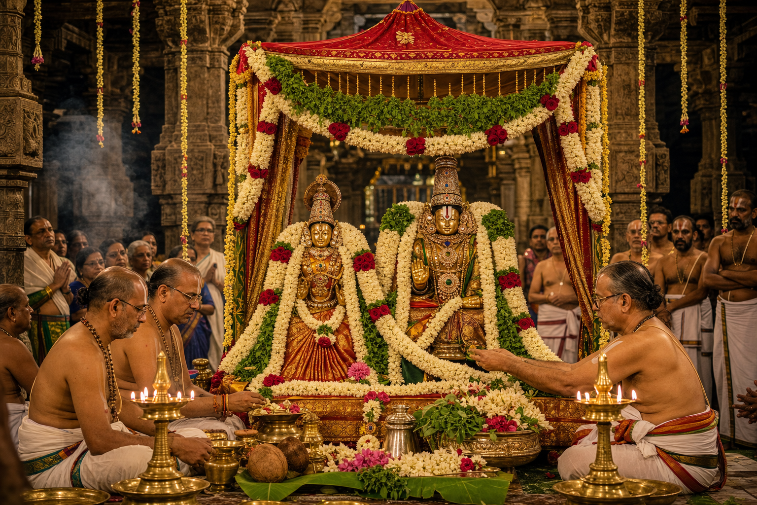 Decorated festival icons of Andal and Lord Ranganatha stand beneath a floral canopy as priests conduct a temple wedding ceremony before devotees.