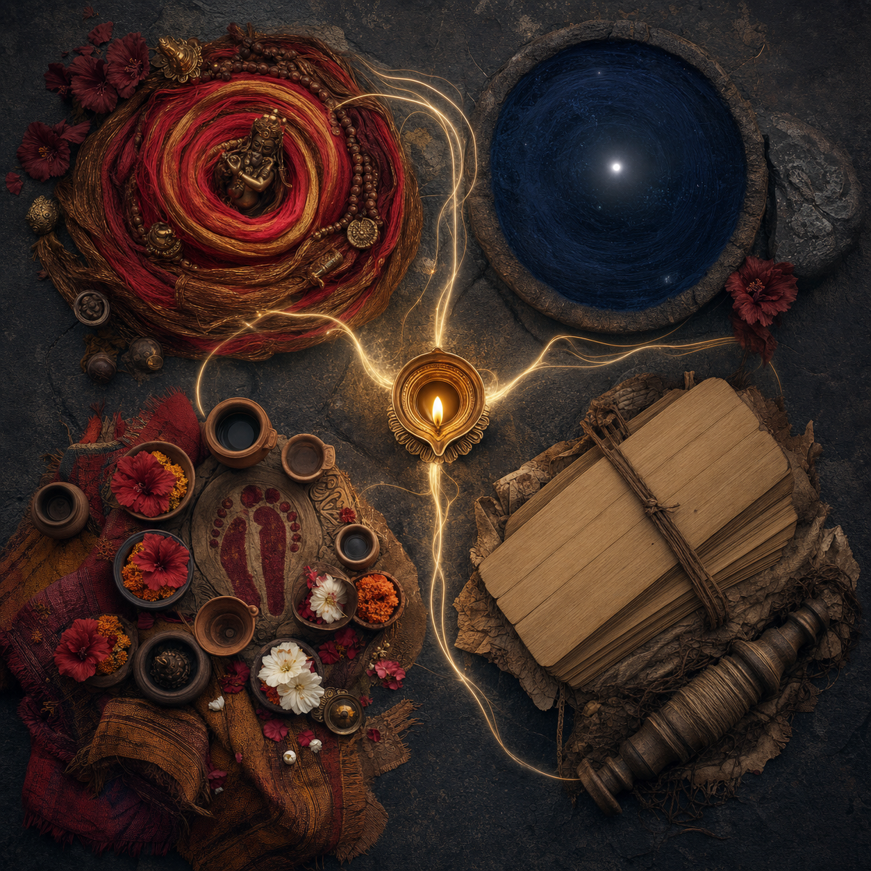 Four connected arrangements surround a central lamp: a red-gold coil, an indigo disk, ritual vessels and footprints, and a palm-leaf manuscript with a wooden spindle.
