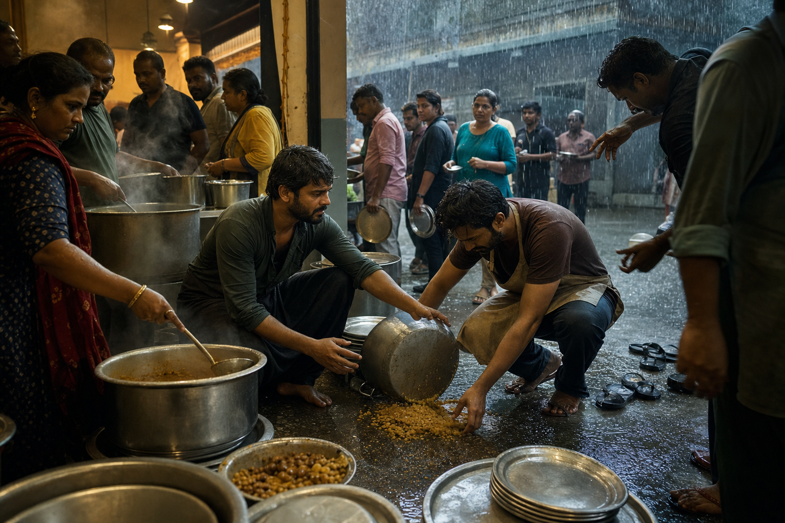 A volunteer calmly helps another worker after food spills in a crowded community kitchen during a rainstorm.
