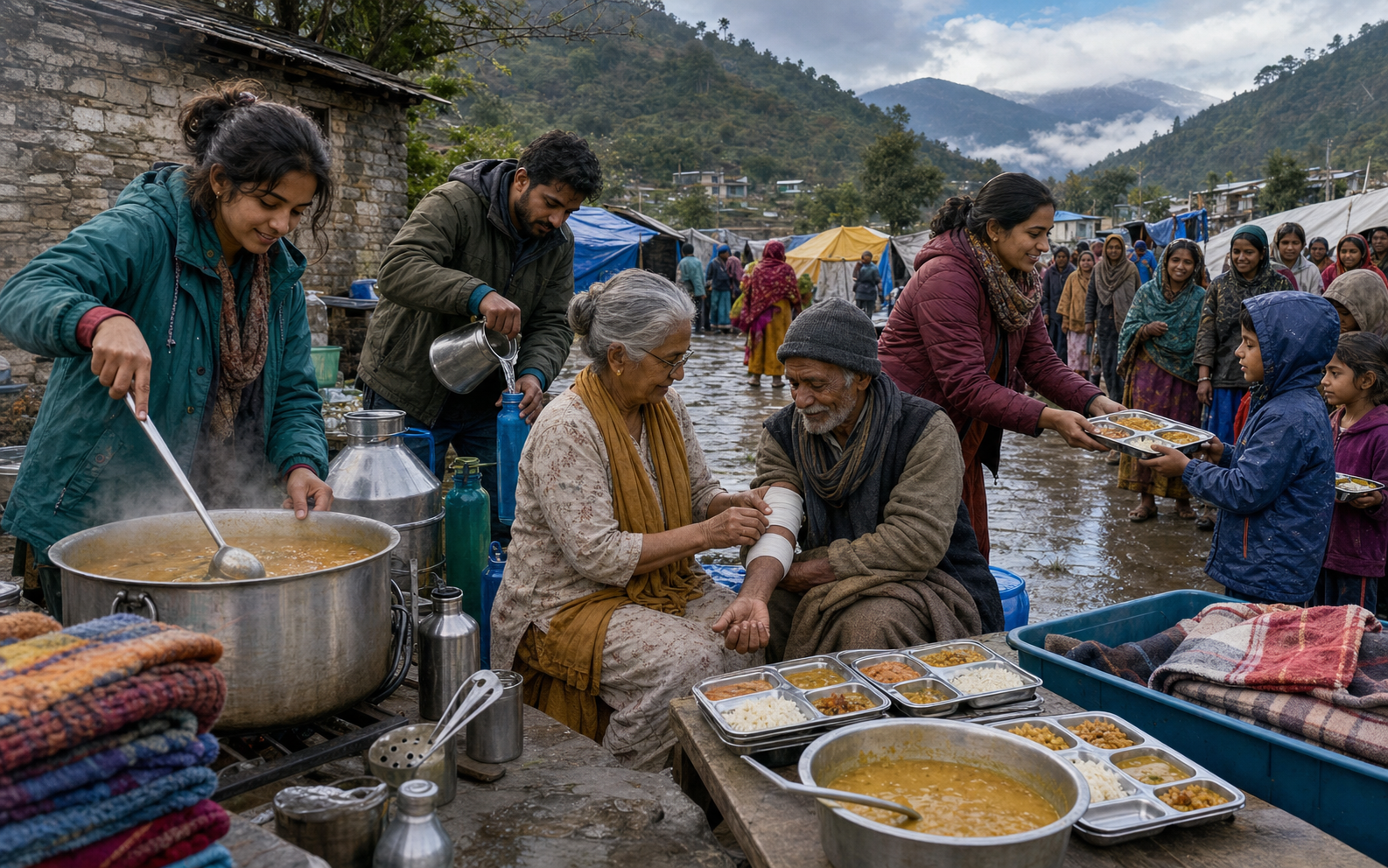 Volunteers of different ages and appearances cook food, fill water vessels, bandage an older person, and distribute meals in a community kitchen after rain.