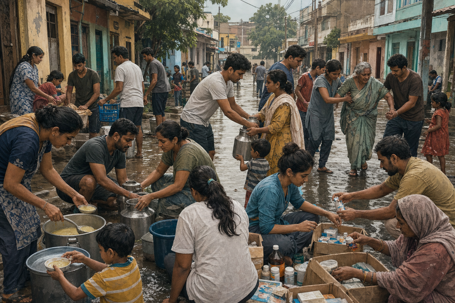 Residents, medical workers, and volunteers distribute food, water, blankets, and first aid at a flooded Indian town shelter.