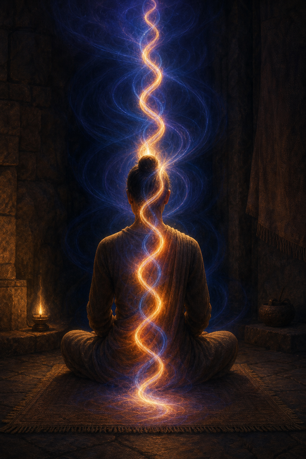 A seated practitioner is surrounded by intertwined crimson-gold and indigo light that merges into a pale glow around the heart and head.