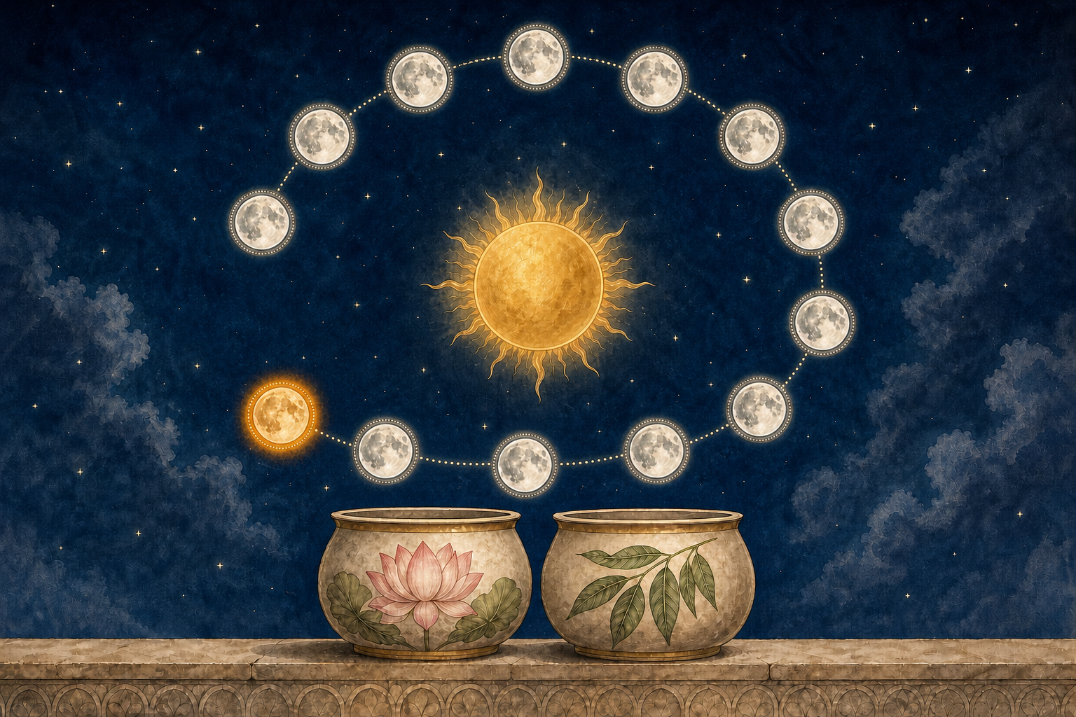 Two symbolic sequences of moon phases arc over a temple silhouette while the sun glows near the horizon.