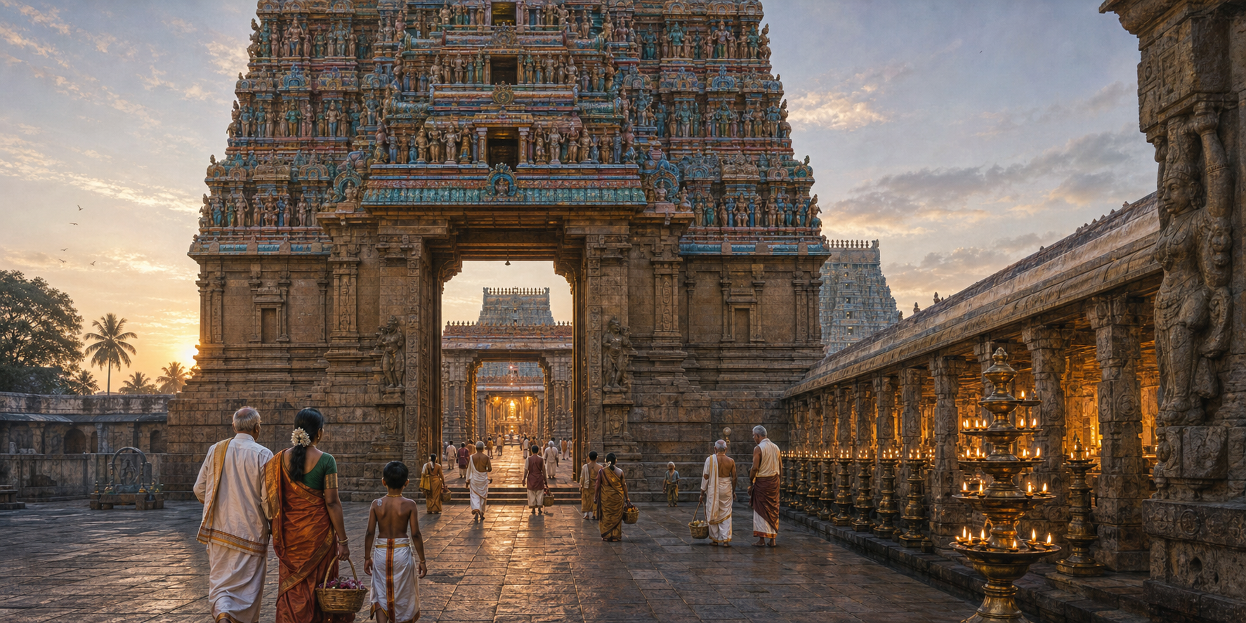 Pilgrims move through the gateways, courtyards, lamp areas, and pillared corridors of the Srirangam temple complex toward an inner mandapa.