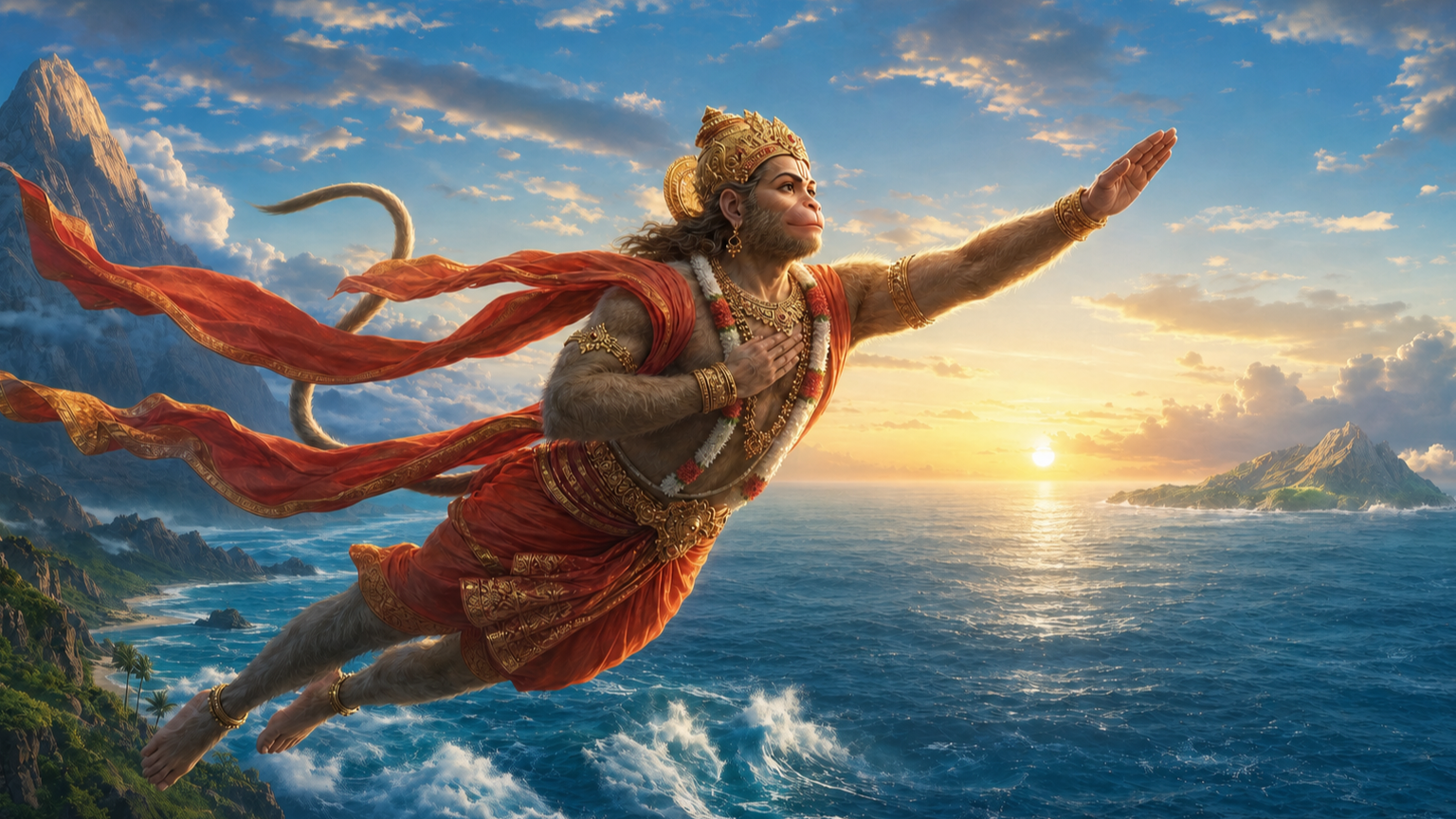 Hanuman flies with a focused expression over the ocean as wind, sunlight, waves, mountains, and open sky surround him.
