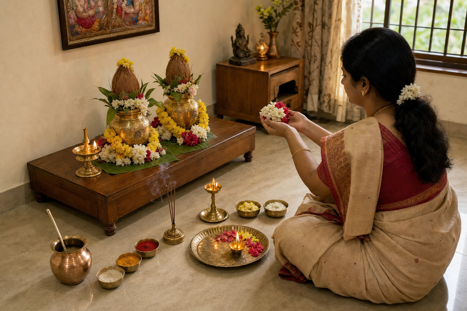 A seated devotee offers flowers during a home puja before two decorated kalashas and neatly arranged ritual items.