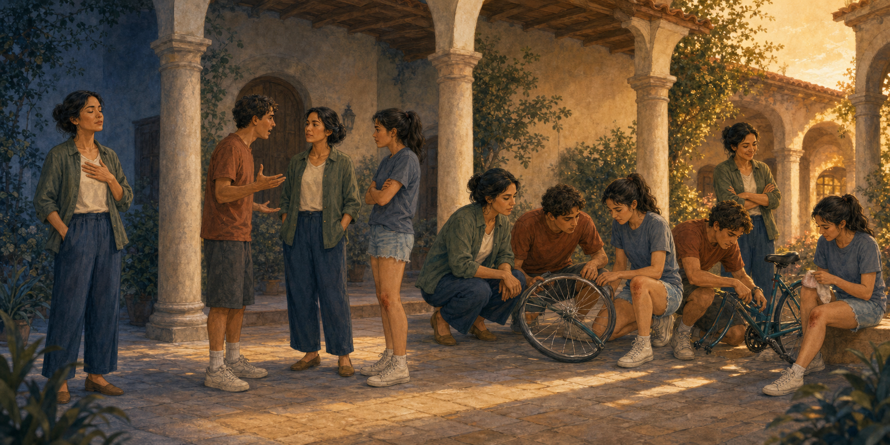 Four connected courtyard scenes show a mediator pausing, listening to two neighbors, examining a damaged bicycle and injury, and overseeing repair and care.