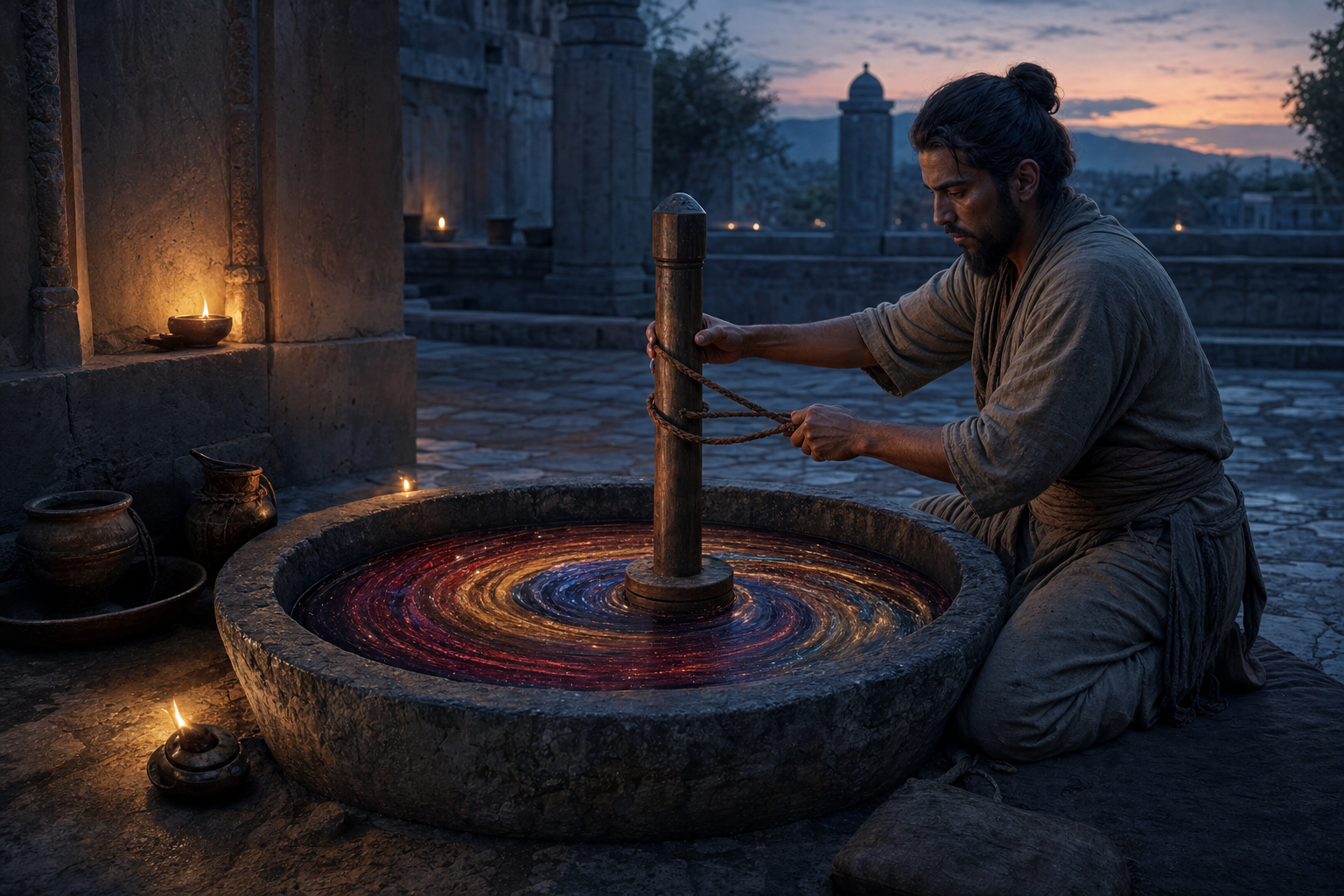A kneeling practitioner slowly turns a wooden staff in a stone vessel filled with red, gold, and indigo currents as dawn begins to brighten the courtyard.