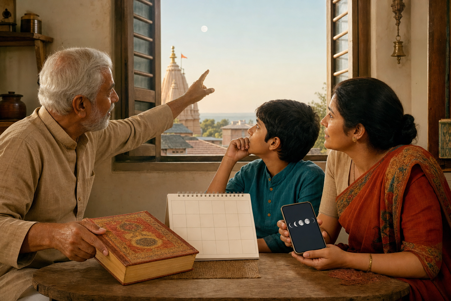 A devotee consults a temple priest beside a clothbound almanac, oil lamp, bell, and flowers in a regional Hindu temple.