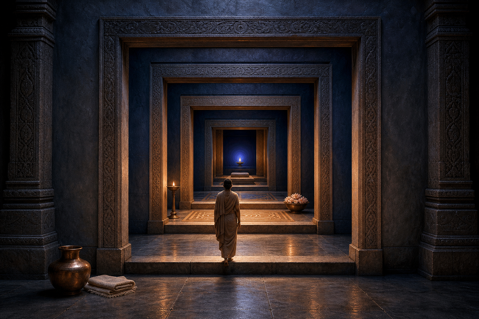 A practitioner walks through a sequence of nested stone thresholds toward a small flame in the innermost chamber, passing ritual vessels, flowers, and lamps along one continuous path.