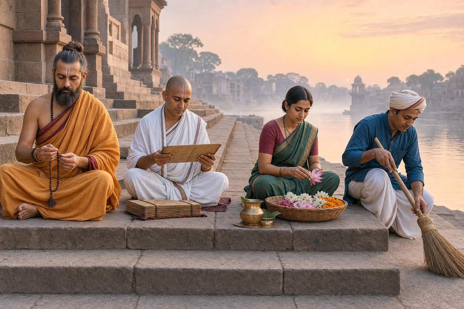 Four practitioners with different clothing, forehead markings, and devotional activities pray, study, prepare offerings, and sweep beside a river at dawn.