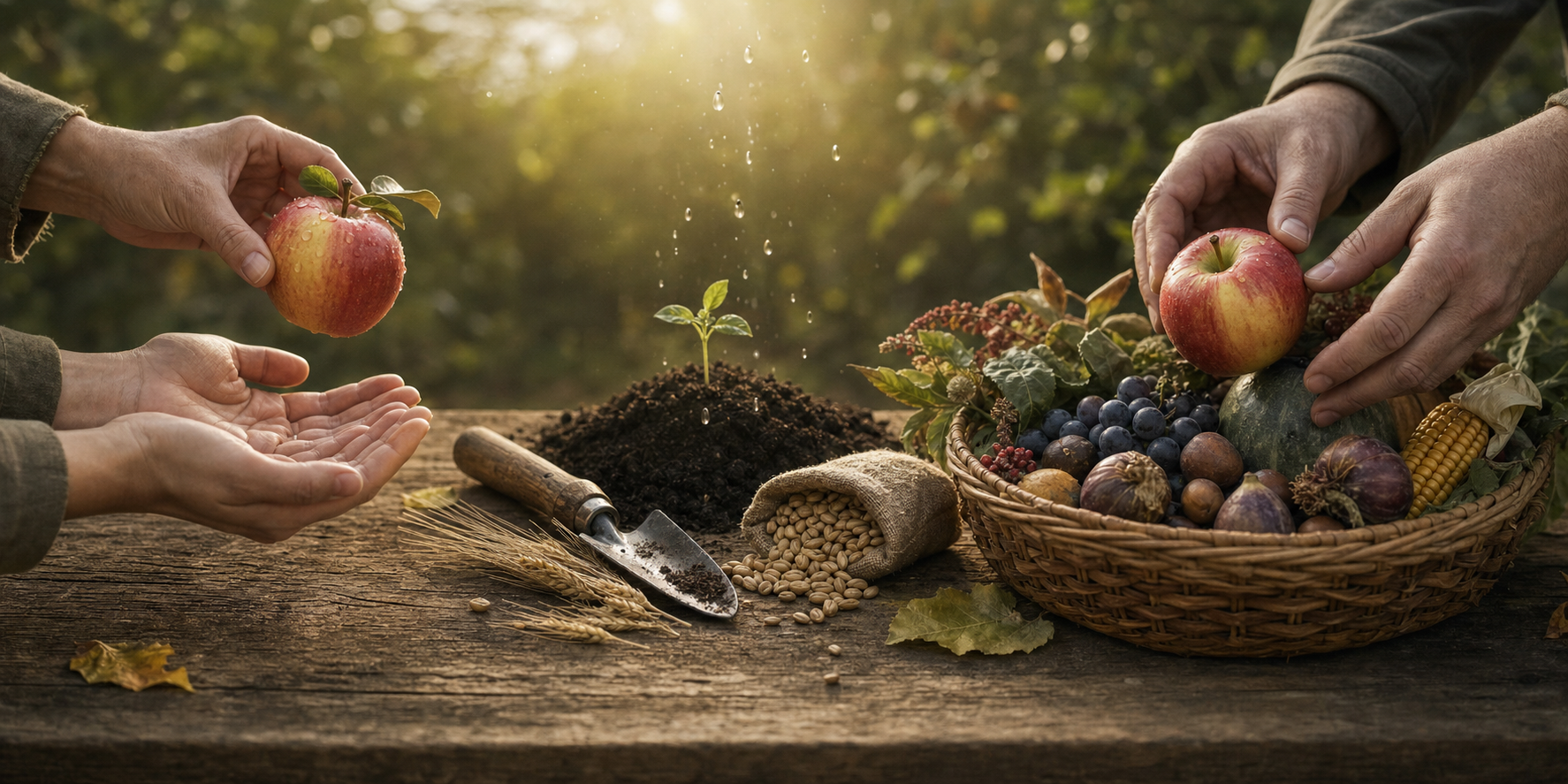 Hands place a basket of apples, wheat, squash, and greens beside flowers and a brass oil lamp.