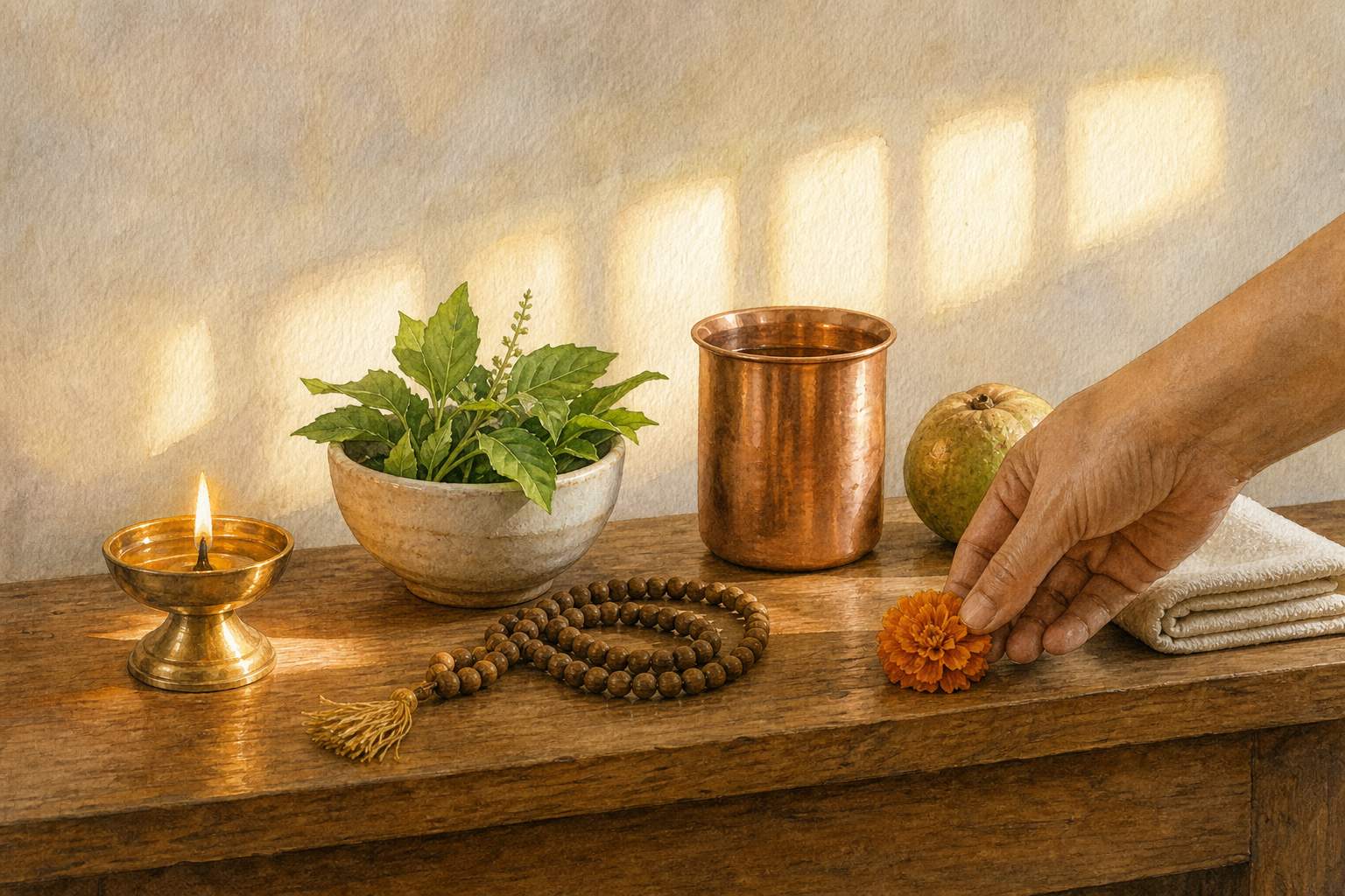 A devotee uses tulsi prayer beads before a small Vishnu altar with an oil lamp, fruit offering, water, and a tulsi plant nearby.
