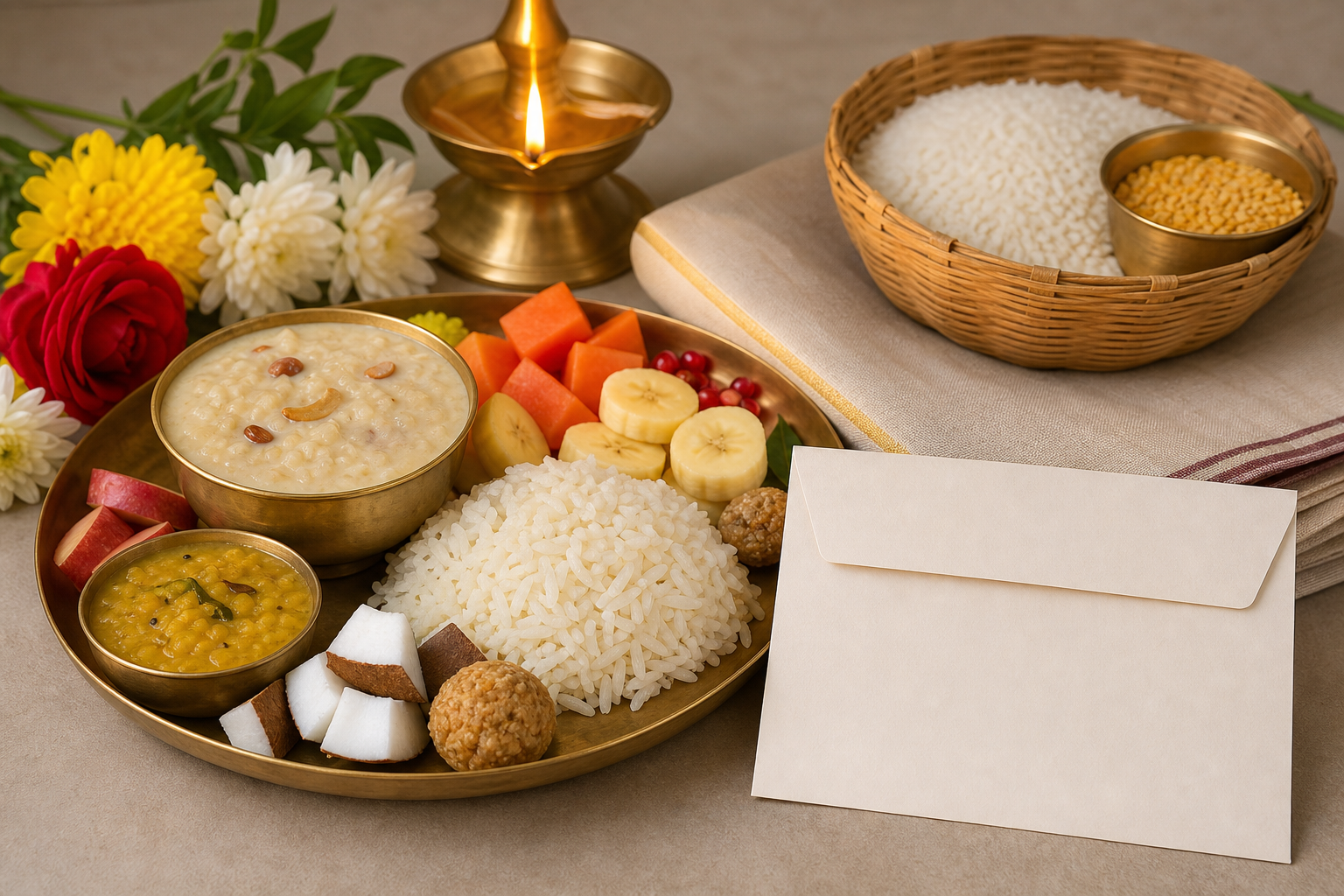 A naivedya plate of homemade food beside folded cloth and baskets of staple foods prepared for donation.