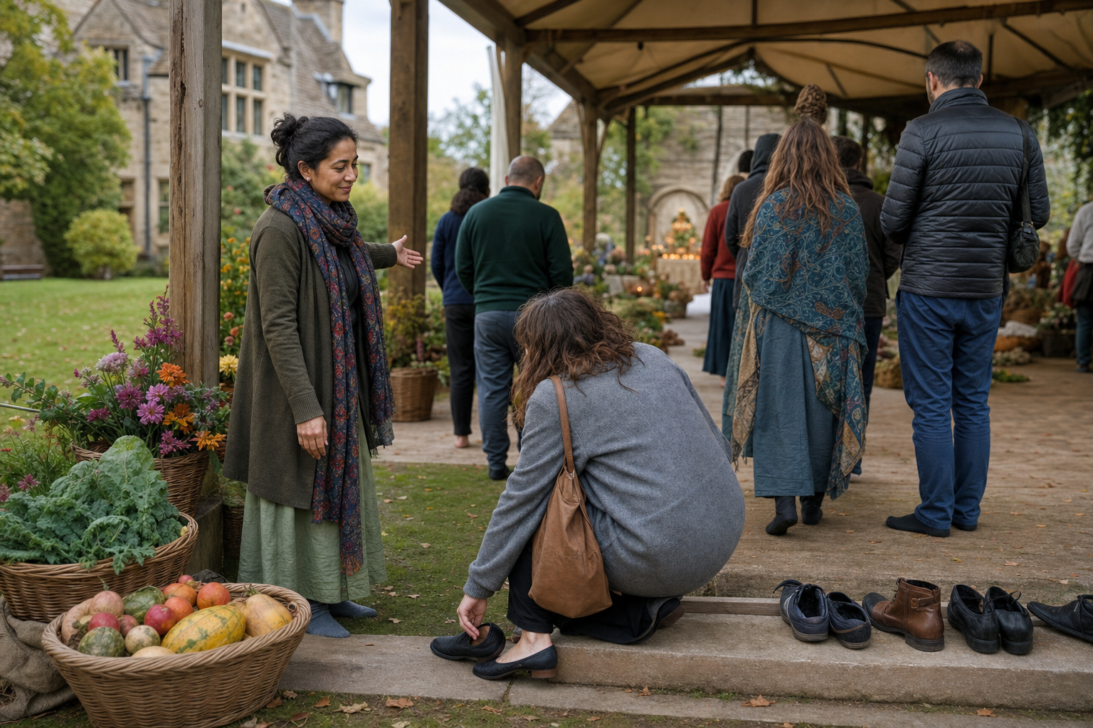A volunteer guides a visitor near a harvest offering area as attendees wait respectfully nearby.