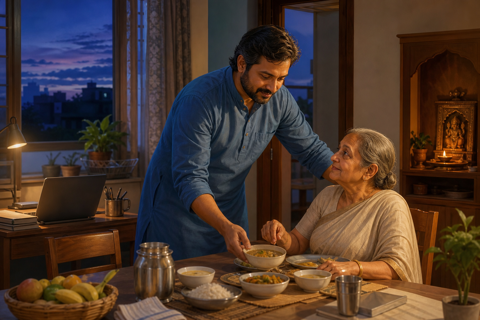 A householder serves a simple meal to an older family member while a lit prayer corner and neatly arranged work materials remain visible in the home.