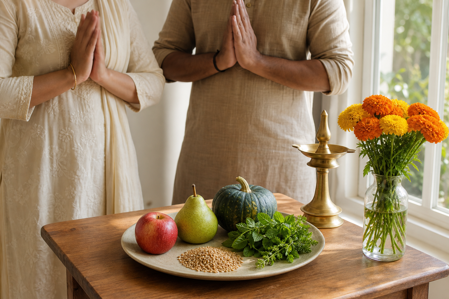 Two family members pause before a simple home offering of fruit, squash, grains, herbs, and flowers.