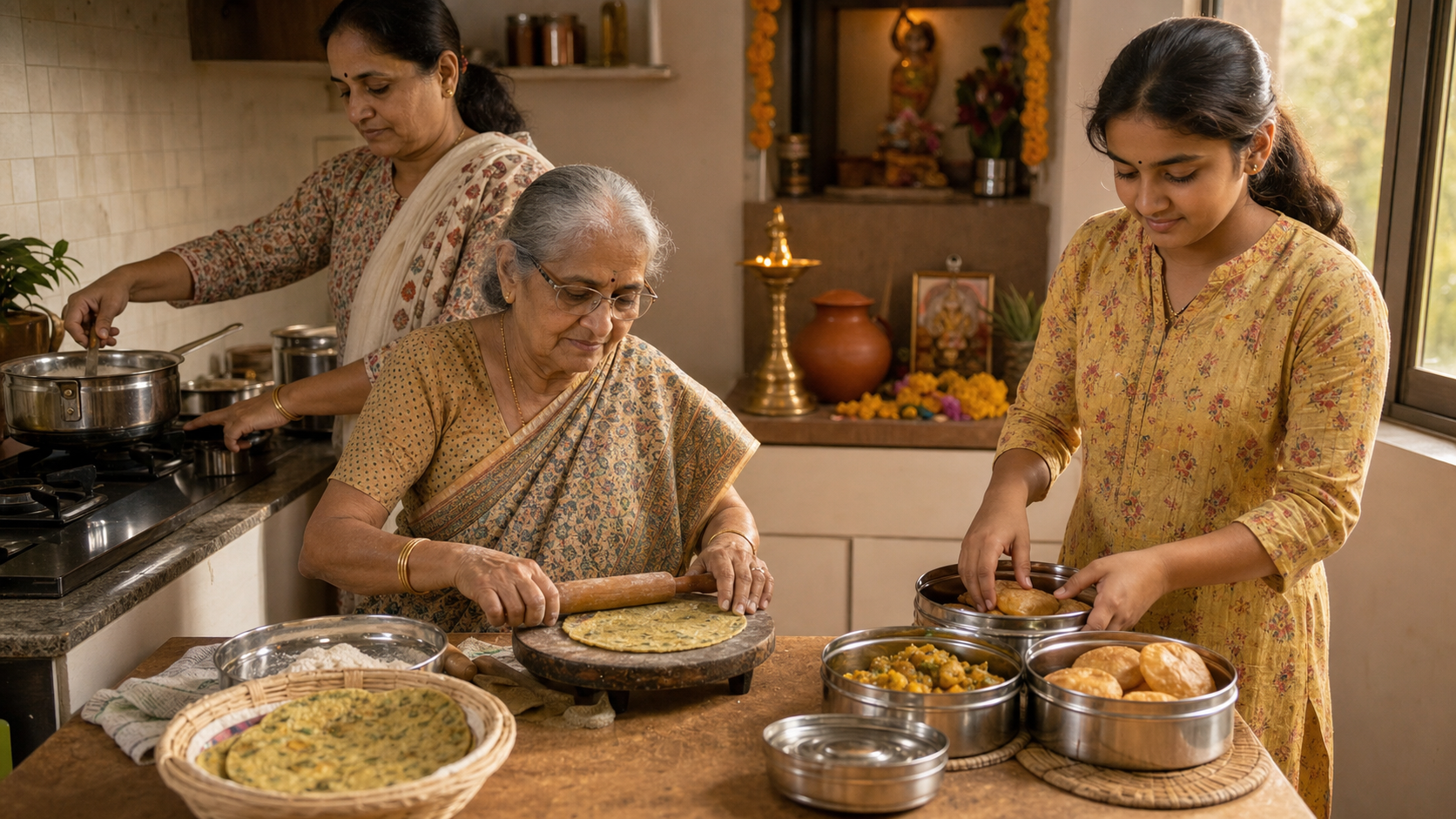 A Gujarati family prepares thepla and other cooked dishes in a clean kitchen for Sheetala Satam while covered food containers and a small devotional corner stand nearby.