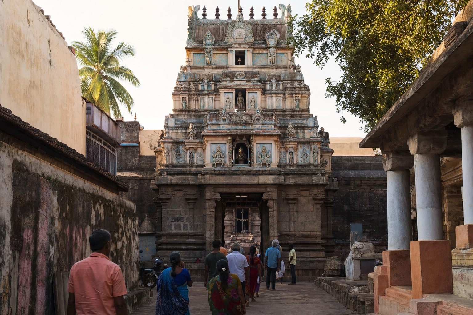 West-facing entrance and three-tier rajagopuram of Agora Veerabhadra Swamy Temple in a Kumbakonam streetscape.