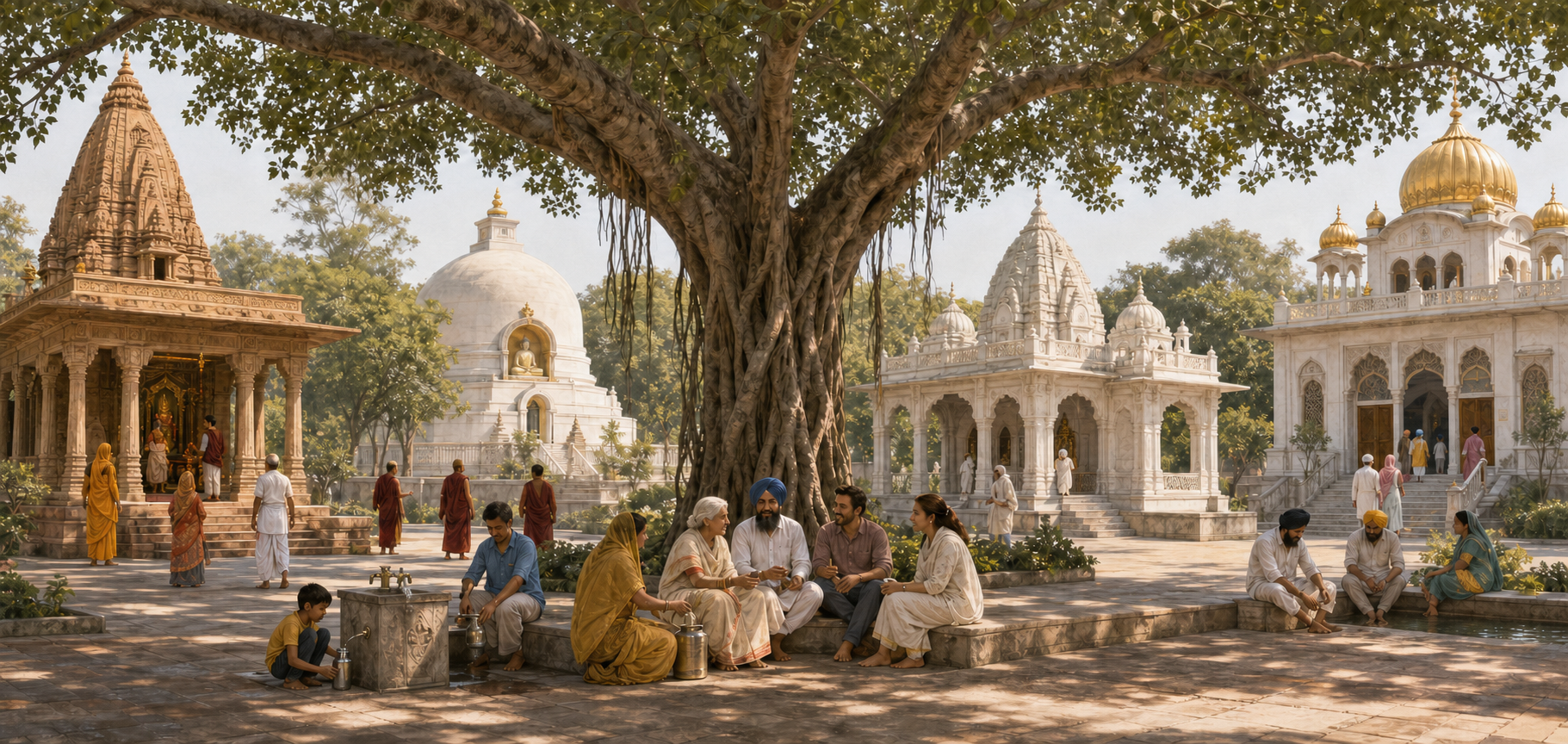 Distinct Hindu, Buddhist, Jain, and Sikh worship spaces surround a shared banyan-shaded courtyard where people meet and converse.