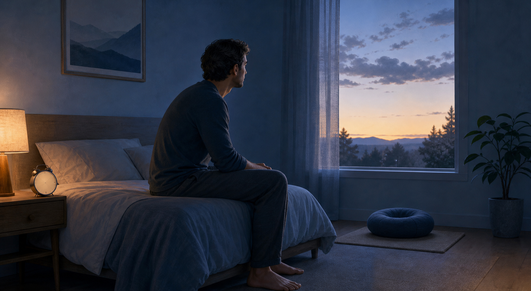 An adult sits thoughtfully on the edge of a bed before sunrise, with a meditation cushion by the window and a small alarm clock on a bedside table.