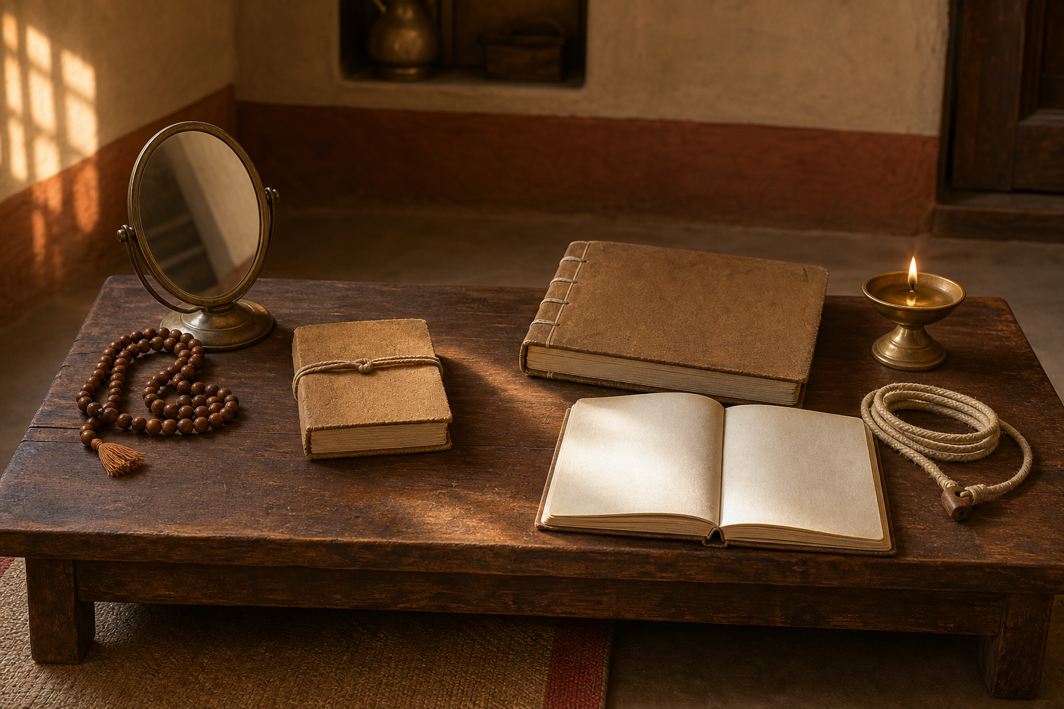 Two closed hand-bound manuscripts share a wooden desk with prayer beads and a mirror on one side and practical household objects on the other.