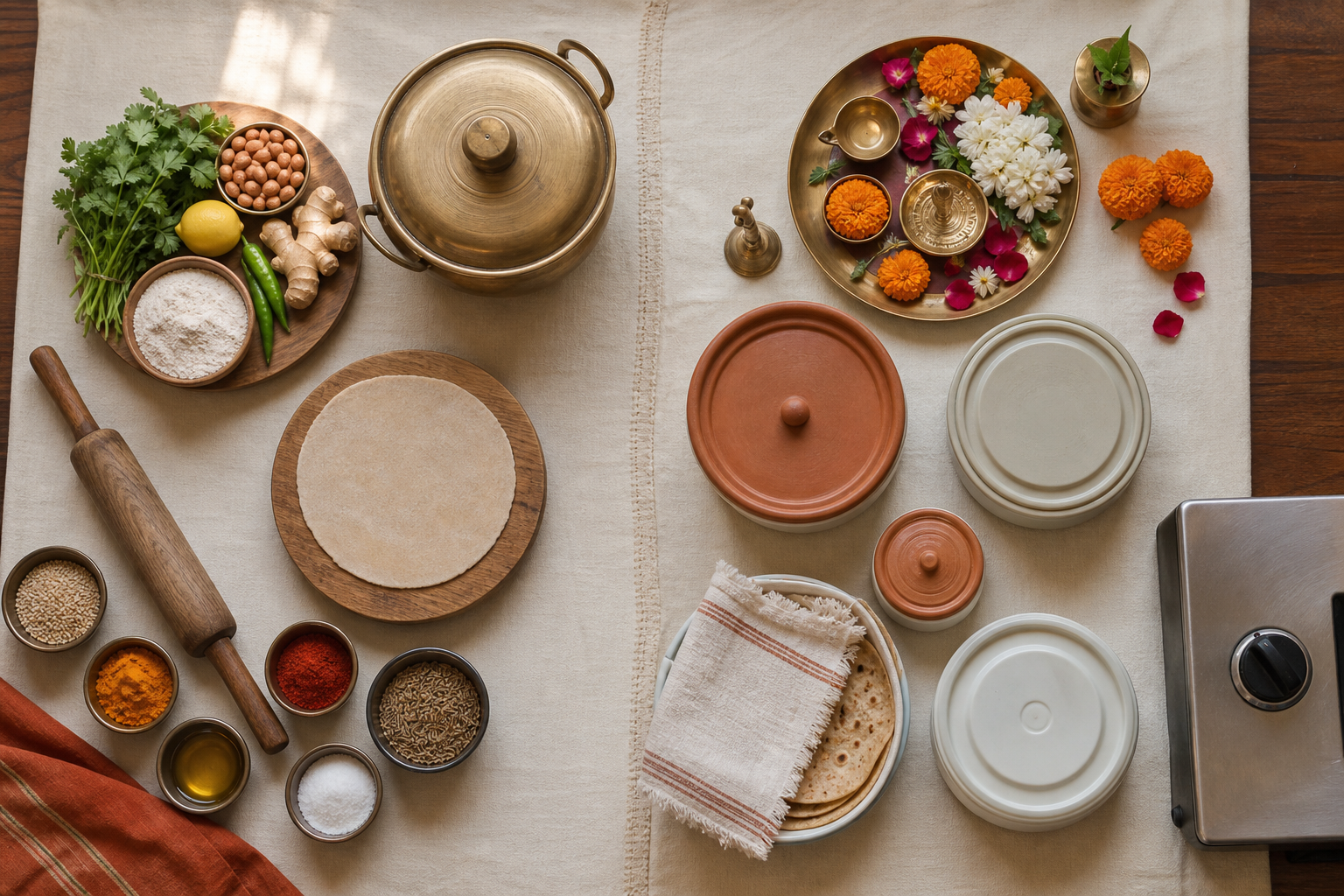 Cooking tools and fresh ingredients are arranged beside covered prepared food and puja items to represent the two consecutive days of the observance.
