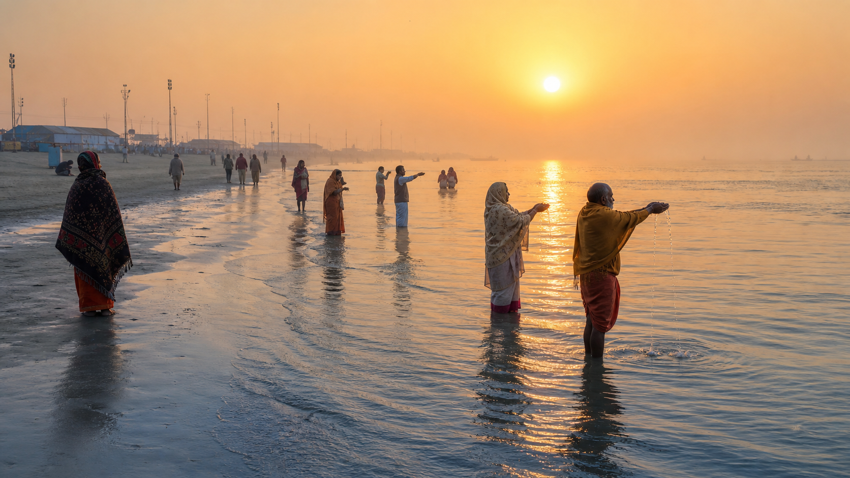 Pilgrims offer water to the rising Sun from the shallow shoreline at Gangasagar while other devotees gather on the sand in the January mist.