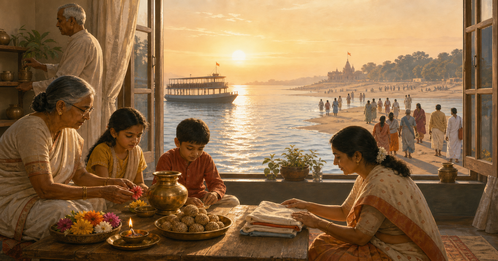 A family prepares simple Makara Sankranti offerings at home as a distant ferry and pilgrims suggest the journey to Sagar Island.