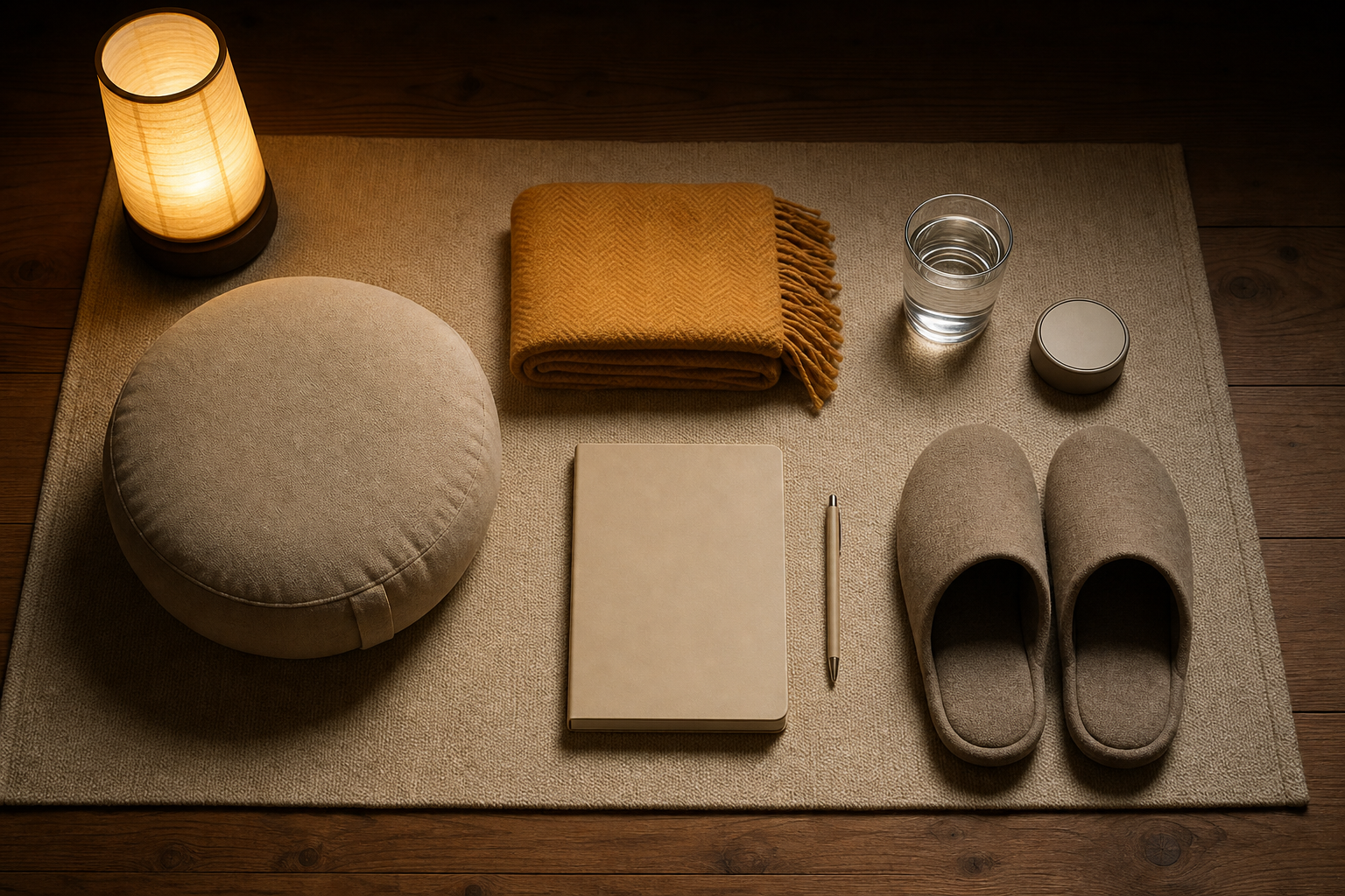 A meditation cushion, folded shawl, blank notebook, water, slippers, and a simple timer are arranged neatly for the next morning.