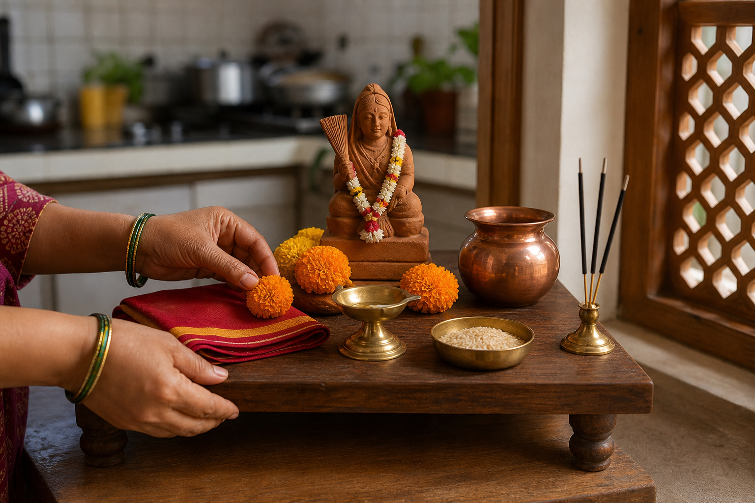 Hands arrange flowers, a brass lamp, water vessel, grains, cloth, and a small clay devotional figure on a clean household altar.