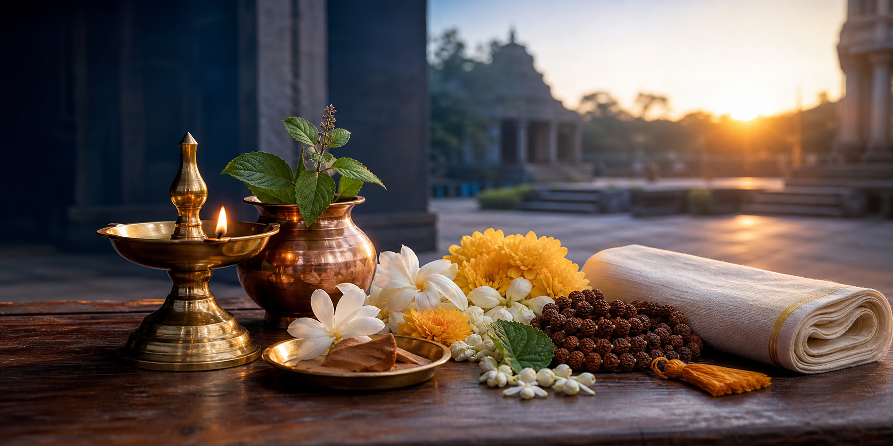A brass oil lamp, copper vessel, flowers, tulsi leaves and prayer beads arranged on a small altar as dawn light enters a temple courtyard.