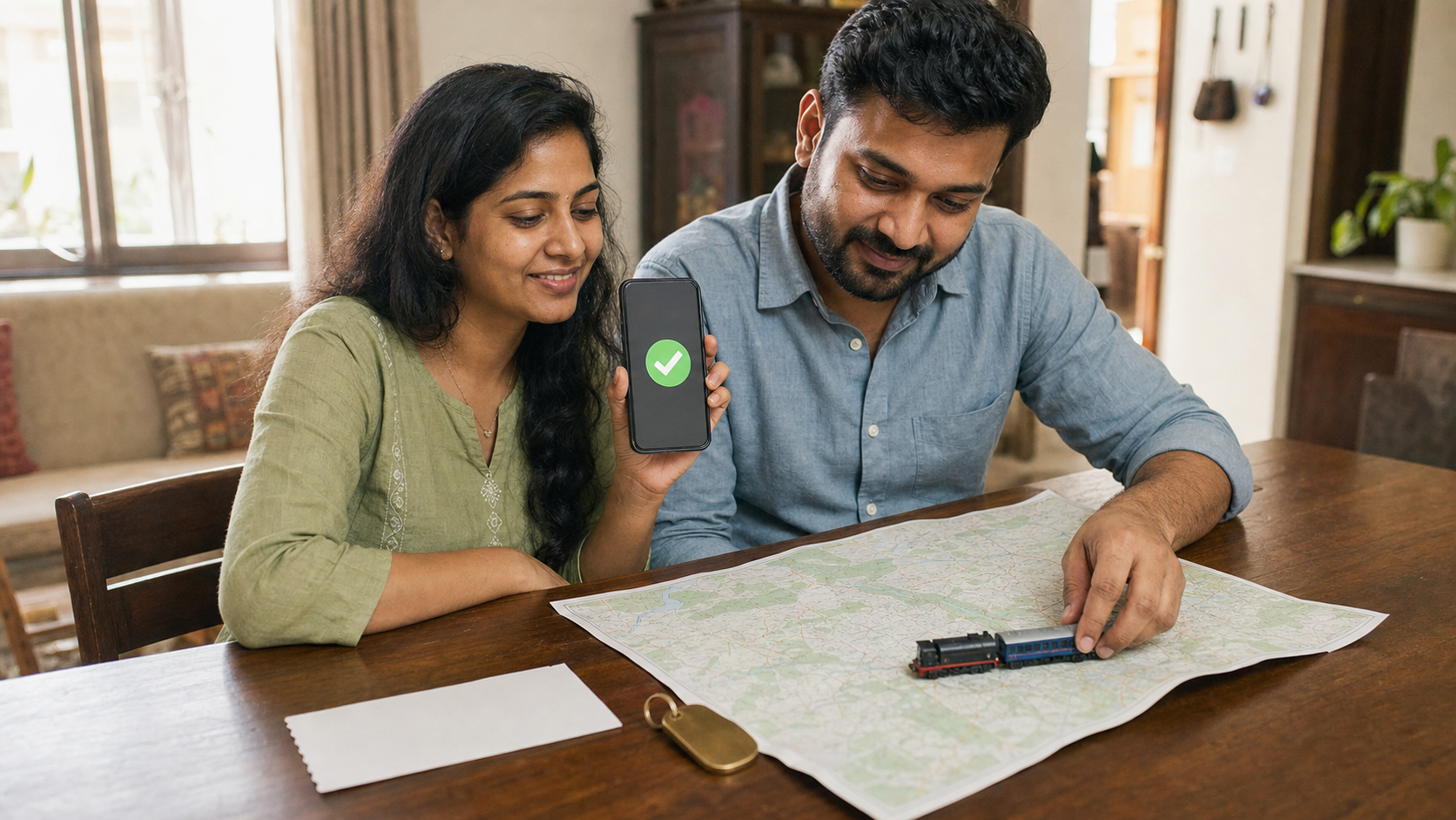 A couple uses a confirmed phone reservation to organize train travel and accommodation materials on a table.