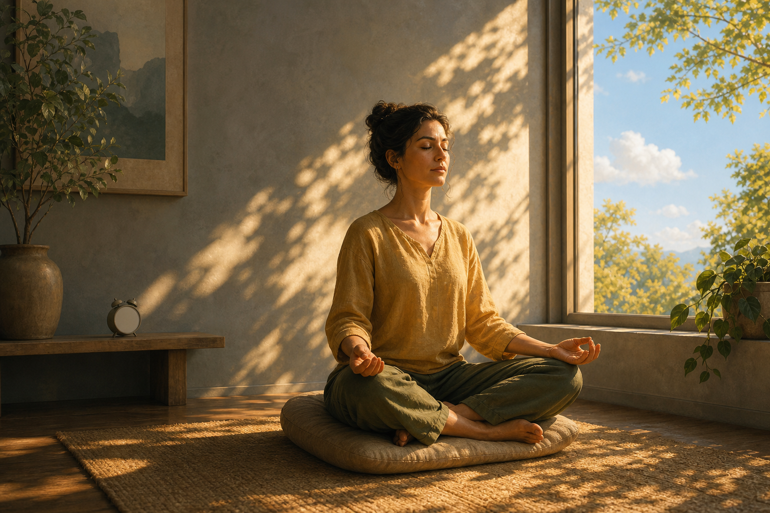 An alert adult meditates beside a window in warm late-afternoon light while a small alarm clock sits in the background.