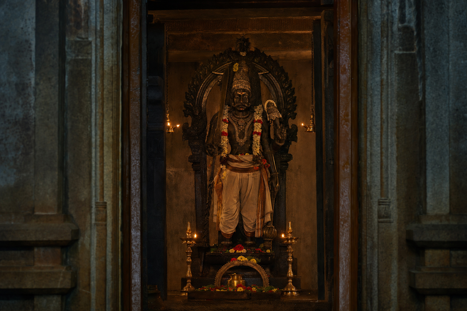 Standing Veerabhadra deity framed by a dark sanctum doorway, flower offerings, and glowing brass oil lamps.