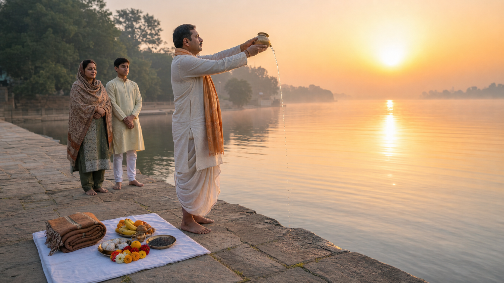 A devotee pours water from a brass vessel toward the rising Sun beside offerings and a folded blanket prepared for donation.