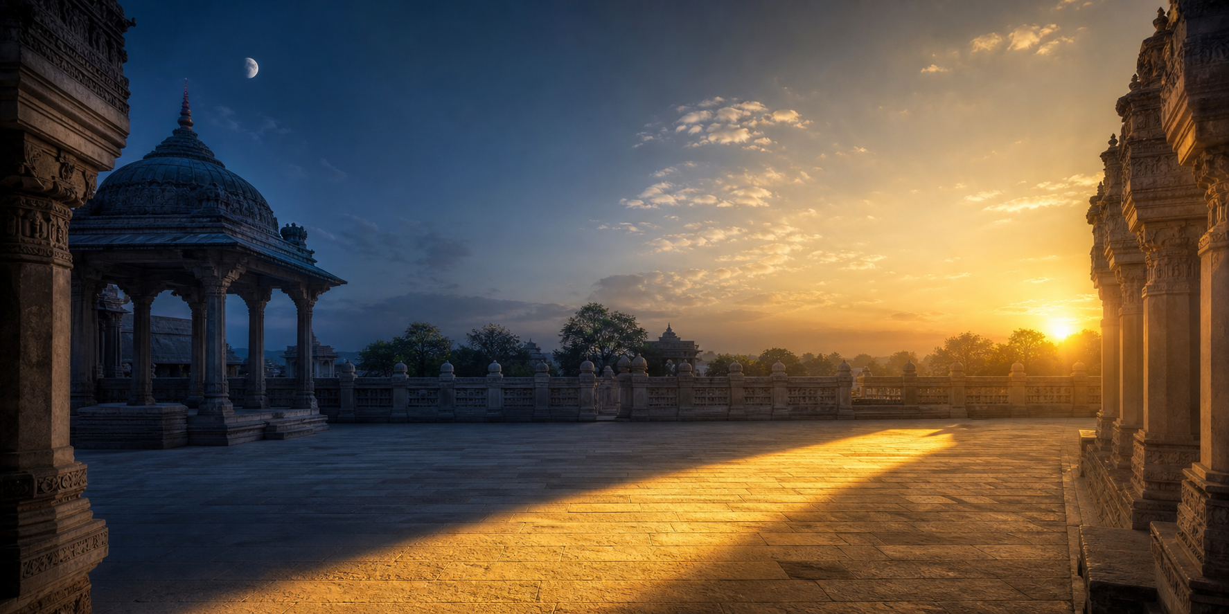 A faint waxing moon above a temple pavilion gives way to golden morning light across a stone courtyard.