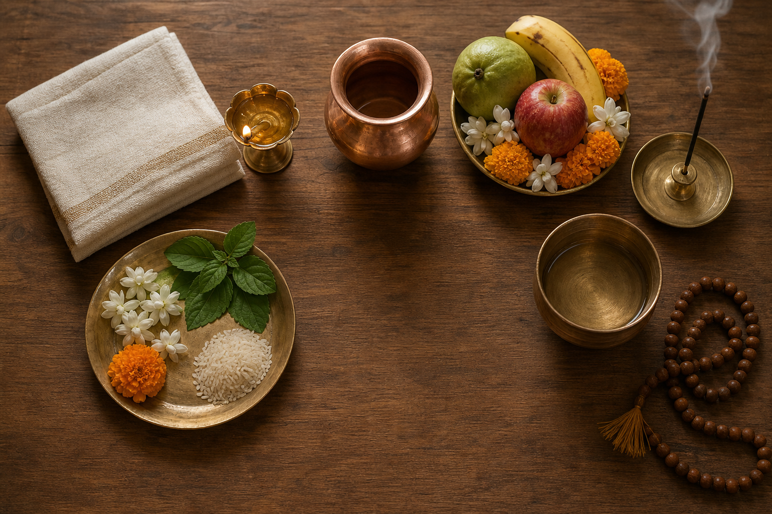 A simple home puja arrangement with a lit brass lamp, copper water vessel, incense, flowers, tulsi leaves, rice, fruit and prayer beads.