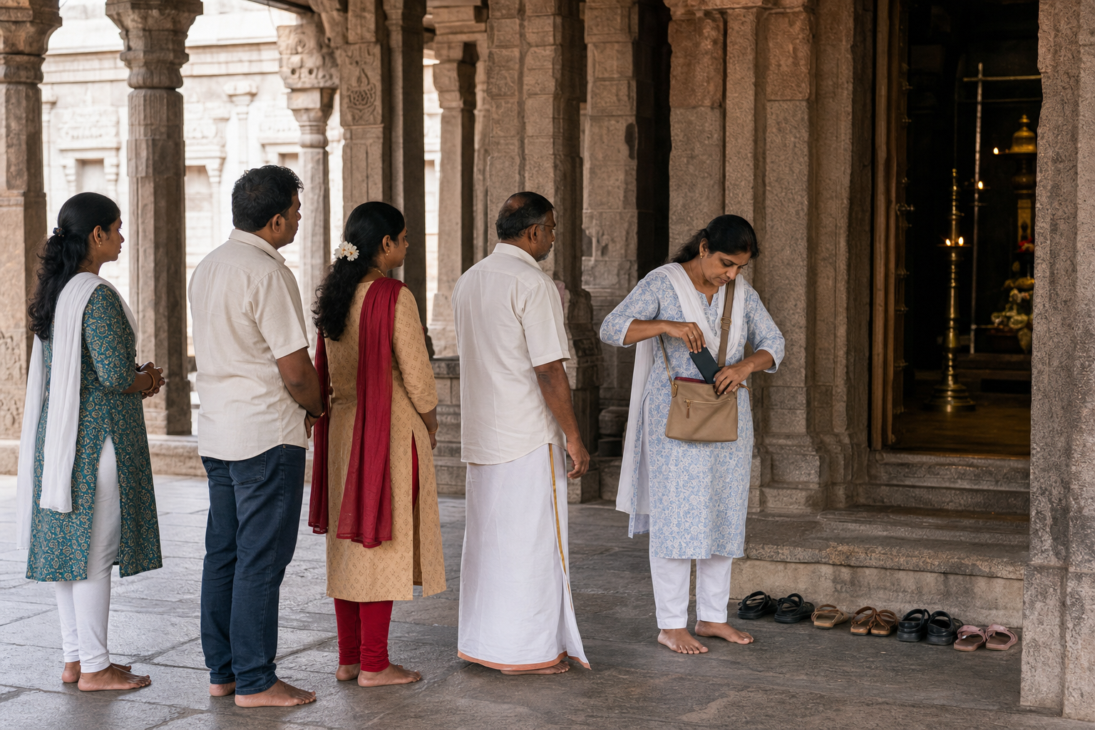 Visitors wait quietly in a temple mandapam after leaving footwear outside, while one person puts away a phone.
